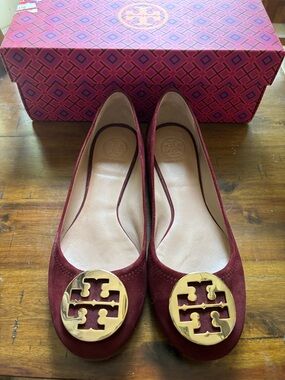 Tory Burch Burgundy Suede Logo Ballet Flats